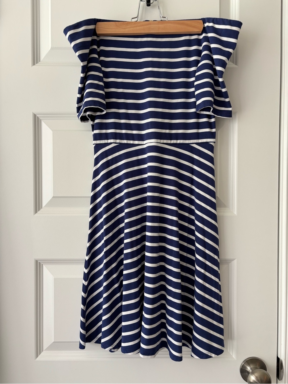 White House Black Market Navy and White Striped Off-Shoulder Dress XXS